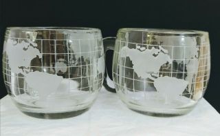 Vtg Nestle World Globe Frosted Etched Glass Coffee Tea Cups Mugs Set Of Two