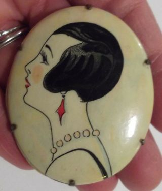 Vintage 1920’s Art Deco Lithograph Celluloid Flapper Girl,  Brass Pin,  Brooch