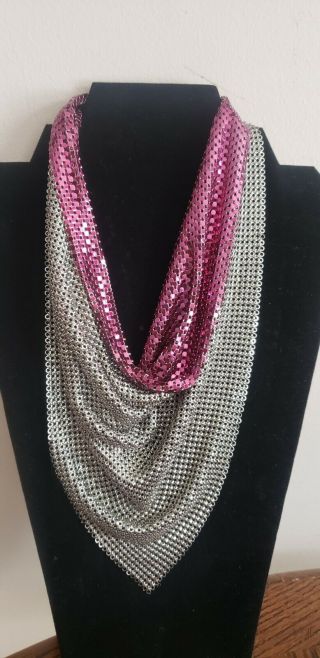 VTG Whiting & Davis two tone Pink and Silver Mesh Bib Necklace disco 3