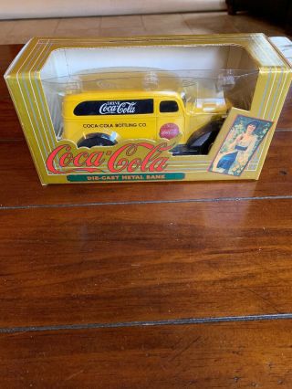 1995 Coca Cola Die Cast Metal Bank Yellow Chevrolet Collectible