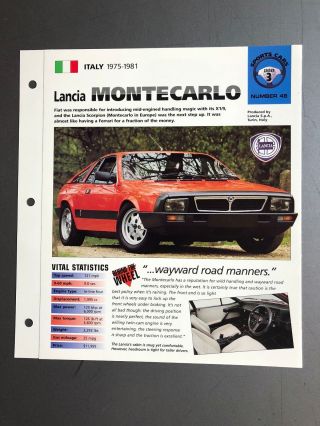 1975 - 1981 Lancia Monte Carlo Imp " Hot Cars " Spec Sheet Folder Brochure Awesome
