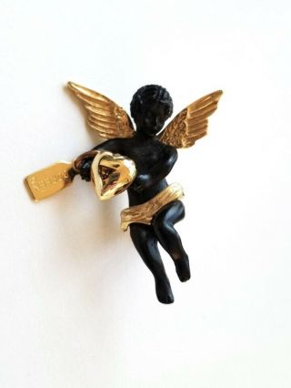 Vintage Coreen Simpson Black Angel Cherub Gold Heart/wings Pin Signed Unique