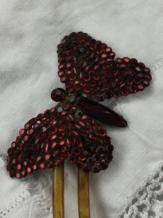Antique Georgian /victorian Large Butterfly Bohemian Garnet Hair Comb Slide
