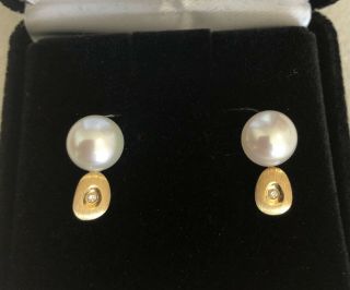 Pearl,  Gold,  And Diamond Clip On Earrings.  Once By Bride For Wedding