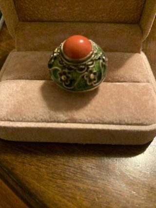 Antique Art Deco Chinese Export Sterling Silver,  Coral & Enamel Ring Adjustable