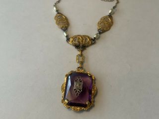 Antique Art Nouveau Gold Filled Lavalier Necklace With Rhinestones & Faux Pearls