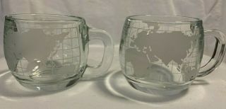 Vintage Set Of 2 Nestle Nescafe World Globe Etched Glass Coffee Cups Look