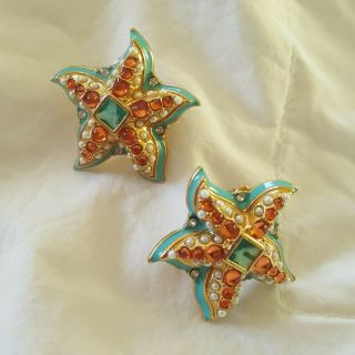 Vintage Faux Pearl,  Enameled Rhinestone K.  J.  L.  Starfish Figural Earrings Pierced