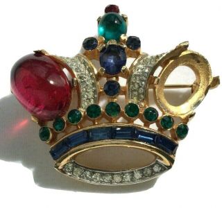 Large Vintage Trifari Alfred Philippe Ruby Cabochon Crown Pin - Missing 1 Cabochon