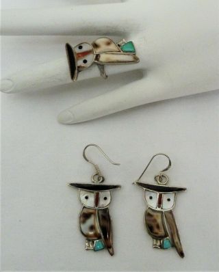 Vtg Southwest Zuni Sterling Silver Inlay Turquoise Coral Shell Owl Ring Earrings
