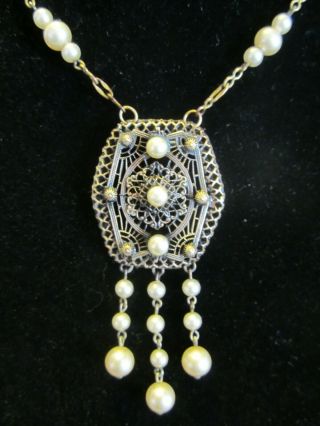 Vintage Antique Art Deco Nouveau Czech Filigree Faux Pearl Pendant Necklace