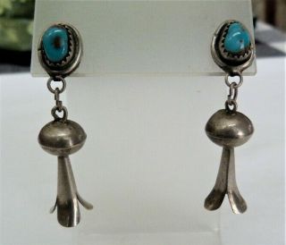 1 7/8 " Long Vtg Navajo Sterling Silver Squash Blossom Turquoise Pierced Earrings