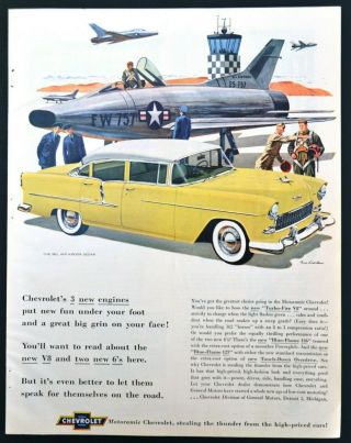 Chevrolet 1955 Yellow Bel Air 4 - Door Sedan Print Ad Air Force Jet Plane