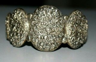 Vintage / Antique Oriental Chinese Sterling Silver Cuff Floral Bangle / Bracelet