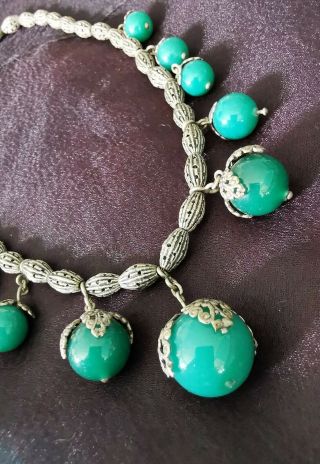 Vintage Art Deco Czech Gilt Metal Filigree Green Glass Ball Necklace