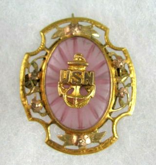 Vintage Us Navy Usn Military Pink Camphor Glass Sweetheart Broch Pin Wwii Era ?