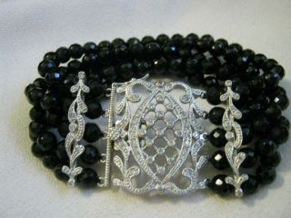 Signed Sh Black Bead & Filigree Sterling Bracelet W/ Collar Set Czs 1 3/8 " Wide