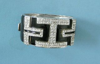 Vtg Ciner Art Deco Black Enamel Rhinestone Silver Tone Hinged Bangle Bracelet