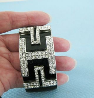 Vtg Ciner Art Deco Black Enamel Rhinestone Silver Tone Hinged Bangle Bracelet 2