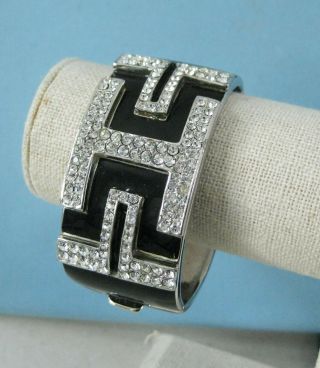 Vtg Ciner Art Deco Black Enamel Rhinestone Silver Tone Hinged Bangle Bracelet 3