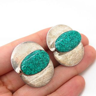 925 Sterling Silver Vintage Mexico Turquoise Inlay Modernist Clip On Earrings