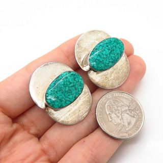 925 Sterling Silver Vintage Mexico Turquoise Inlay Modernist Clip On Earrings 3