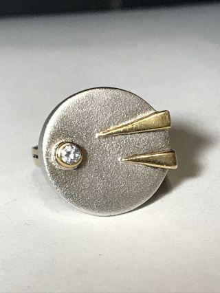 Vintage Mid Century Modern Sterling Silver Ring W/ Gold Accent,  Sz 9.  25