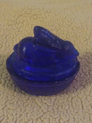 Vintage Signed Mosser Cobalt Blue Glass Covered Salt Dip Cellar Rabbit On Nest