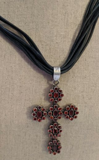 Vintage Leather Necklace With Silver And Red Stone Cross