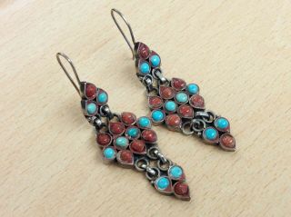 Vintage Sterling Silver Turquoise & Coral Statement Earrings 1980
