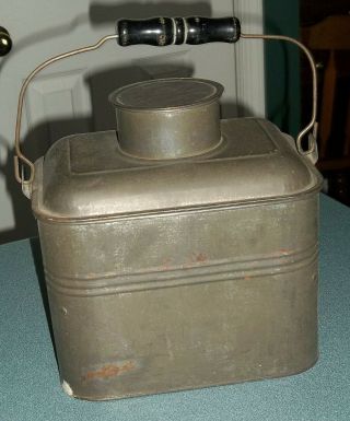 Antique Vtg Tin Metal Miners Railroad Lunchbox Lunch Pail W/ Bail Handle