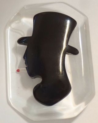 Vintage Reverse Carved Lucite Black Bakelite Smoking Man In A Top Hat Brooch