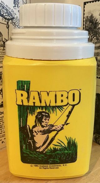 Vintage 1985 Yellow Rambo Plastic Thermos - Sylvester Stallone Movie