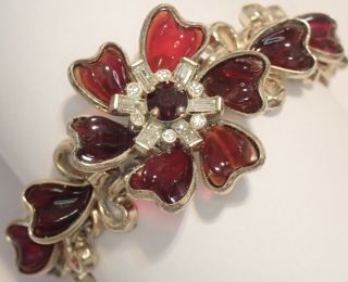 Vintage Barclay Ruby Red Poured Glass Rhinestone Flower Bracelet