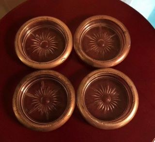 Set Of 4 Vintage Glass Coasters Italy Silver Plate Rim Sunflower Pattern 4”