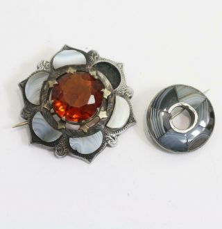 2x Antique Victorian Scottish Silver Agate Brooch Pin One With Cairngorm