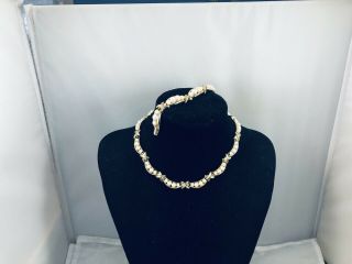 Vtg.  Crown Trifari Demi Faux Pearl & Gold Tone Wavy Necklace & Bracelet