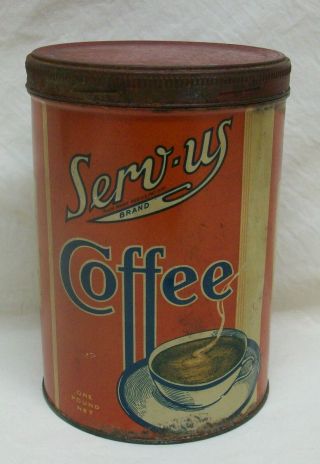 Vintage " Serv - Us " Brand Coffee Can (1 - Pound) With Screw - On Lid (red &white Corp)