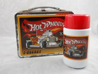 1998 Metal Hot Wheels T - Bucket Lunch Box & Thermos Yellow Car Red Flames