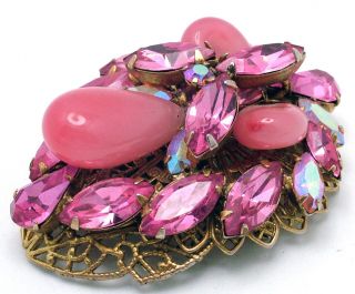 Vintage Regency Brooch Pink Rhinestone & Art Glass Tear Drops On Gold Filigree