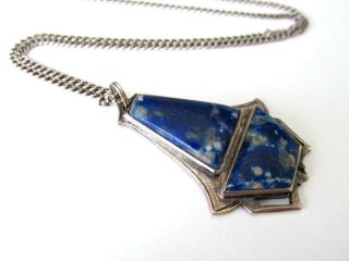 Antique Art Deco Sterling Silver And Lapis Lazuli Signed Jf Pendant Necklace