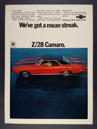 1969 Chevrolet Camaro Z28 Color Photo Vintage Print Ad