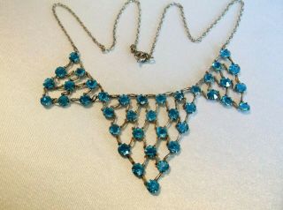 Antique Edwardian Art Deco Aqua Blue Bezel Set Open Back Rhinestone Bib Necklace