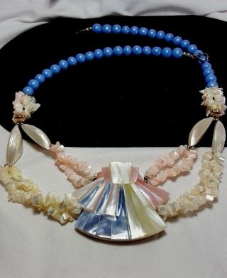 Vintage Lee Sands Blue Bead Mother Of Pearl Tropical Inlay Shell Big Necklace