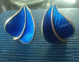 Norwegian Sterling Silver & Blue Enamel Leaf Earrings - Hans Myre Norway