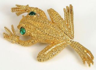 Vintage Designer Signed Coro Gold Tone Frog Brooch Fine Fashion Rhinestones