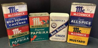 6 Vintage Mccormick Spice Tin Cans Red Pepper - Paprika - Ginger - Mustard - Allspice