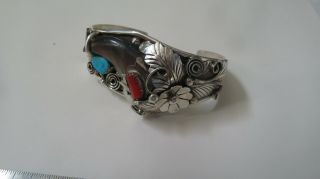 Cuff Bracelet Sterling Silver Flowers Turquoise And Coral Signed " J T Sterling