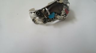 CUFF BRACELET STERLING SILVER FLOWERS TURQUOISE AND CORAL SIGNED 