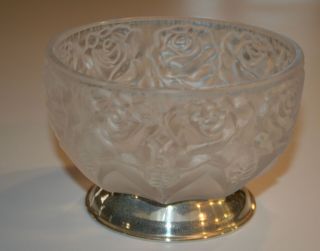 William Adams Frosted Crystal Bowl W/roses Silver Footed Gorgeous Euc 3” Tall